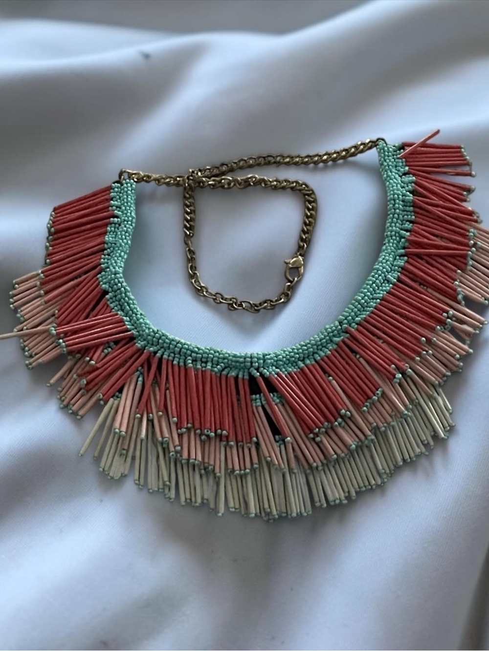 Handmade Coral & Mint Beaded Fringe Statement Necklace